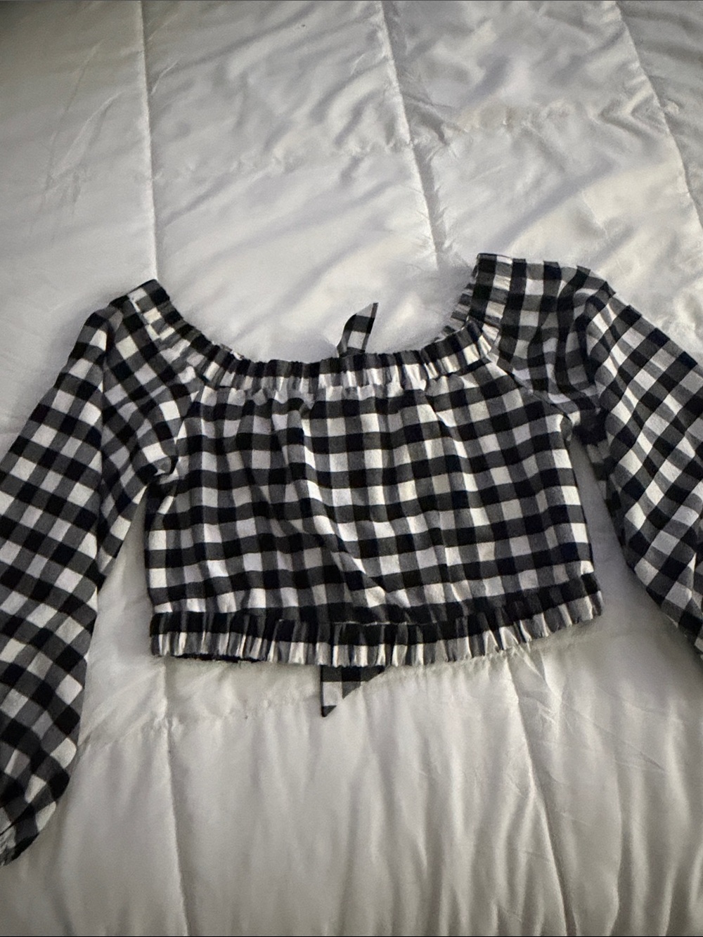 Anthropologie Black and White Gingham Off-Shoulder Crop Top Ptp 16